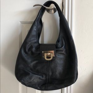 DKNY Black Leather Hobo Bag with Gold Lock